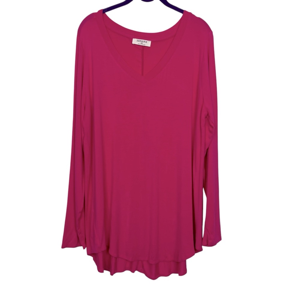 Zenana Pink Long Sleeve Pull On Top 1X V Neck High Low Hem Soft Cozy
